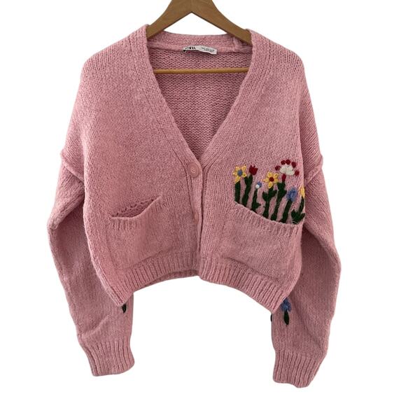 Zara Embroidered Jacquard Knit Oversized Sweater Cardigan Pink‎ Size Small - Picture 2 of 10